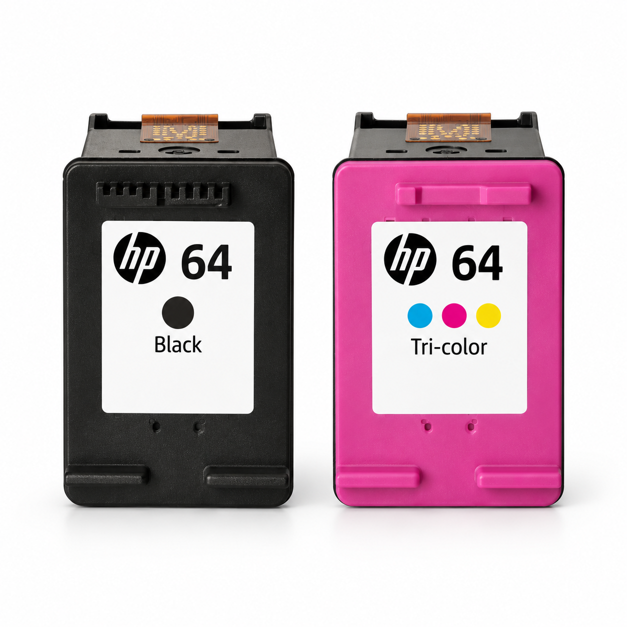 Illustrative image of 2 loose HP 64 standard ink cartridges: Black, Tri-color.