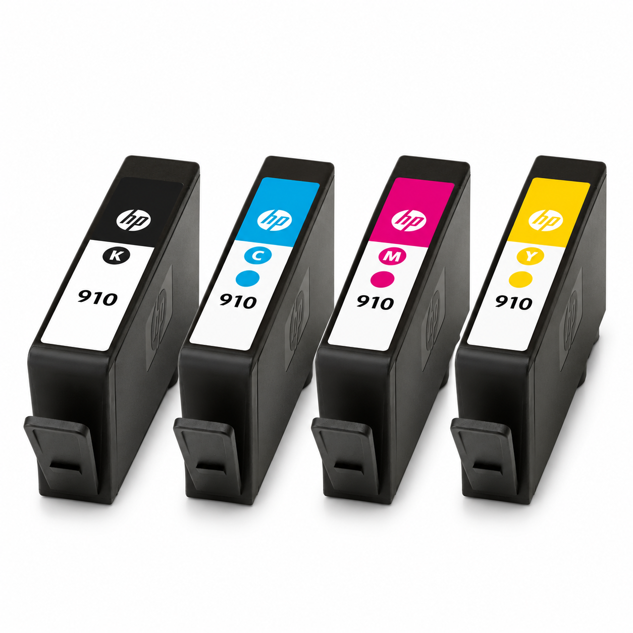 Illustrative image of 4 loose HP 910 standard ink cartridges: Black, Cyan, Magenta, Yellow.