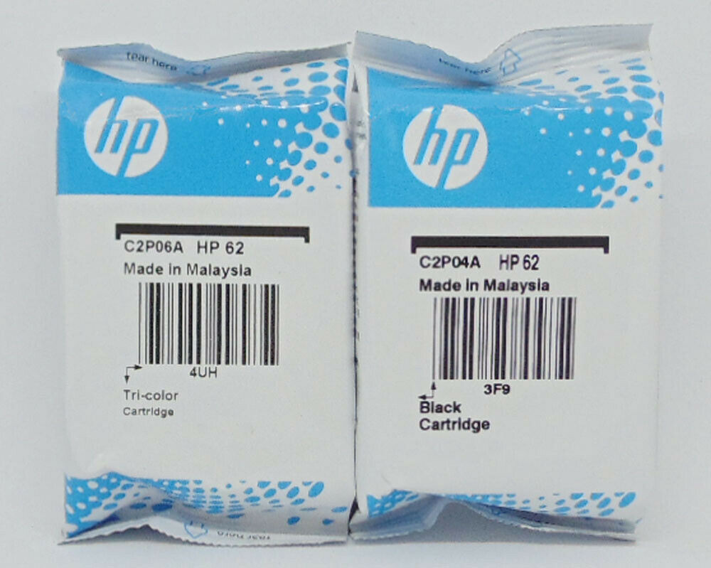 Product photo of HP 62 standard Black and Tri-color cartridges in inner pouches, without retail outer boxes.