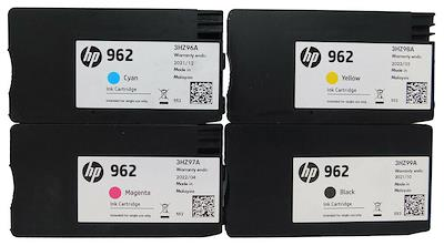 Product photo of HP 962 standard Black, Cyan, Magenta and Yellow cartridges without a retail outer box.